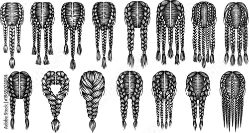 Set of hand drawn female braided hairstyles and pigtails icons in black ink sketch style isolated on white background for salon beauty logos.