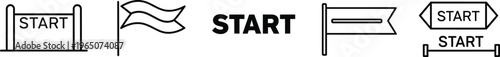 Minimalist black and white start line icon set featuring racing flags finish line banners and bold typography for sports competition marathon and business beginning.