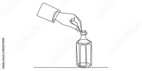 A continuous line drawing of a human hand placing a stopper into a glass bottle in a minimalist style Vector, illustration