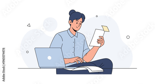 Young person working on laptop and reading documents, remote work, studying, home office concept