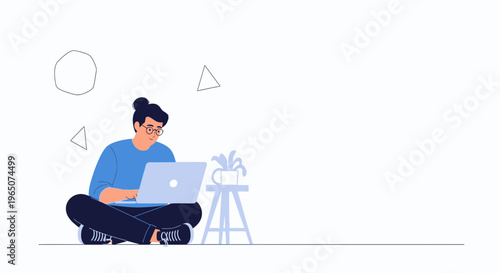 Young man working on laptop, sitting cross-legged with plant and geometric shapes