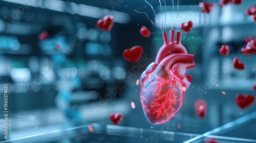 3D Heart Model Surrounded by Floating Heart Shapes in a Modern Medical Environment for Illustrative Purposes