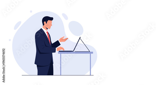 Businessman giving presentation with laptop at podium, modern flat illustration