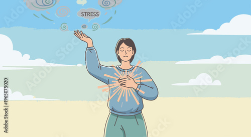 Illustration of a stressed young man standing on a beach with thought bubbles above his head and a worried expression.