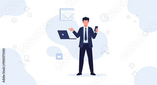 Businessman juggling laptop, phone, and email, symbolizing multitasking and productivity