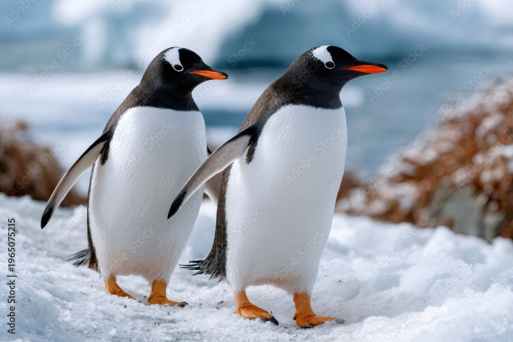 Fototapeta premium Gentoo penguins walking in snow in Antarctica
