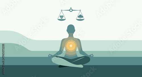 A person meditates in lotus position with a glowing yellow heart and a balancing scale above their head against a serene landscape background with soothing green hues.