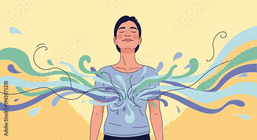 Illustration of a woman with colorful swirling liquid emerging from her chest against a yellow background with a calm and serene mood.