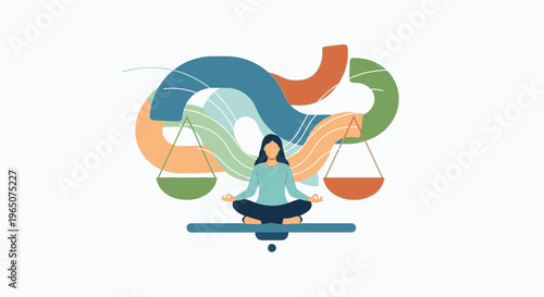 Illustration of a serene woman meditating cross-legged on a blue mat with colorful swirling shapes and scales in the background.