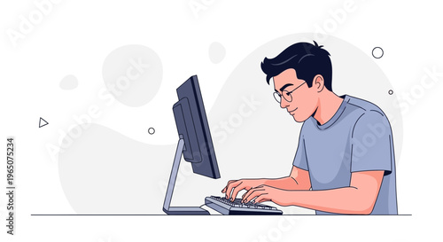 Young man wearing glasses typing on computer keyboard, modern flat illustration style