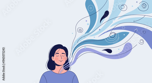 Illustration of a smiling woman with dark hair and a blue shirt surrounded by swirling blue and purple abstract shapes on a light blue background.