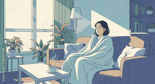 A serene young woman sits on a couch wrapped in a blanket in a cozy living room with plants and a bookshelf, bathed in natural light with a calm mood.