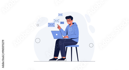 Young man working on laptop with emails flying around, digital communication concept
