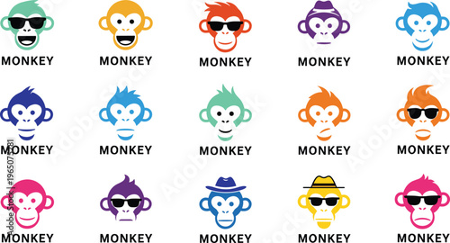 Set of colorful monkey face icons with different expressions wearing sunglasses and hats for creative logo and brand identity.