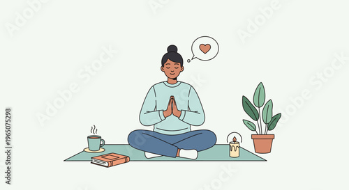 A woman sits cross-legged on a mat in a meditative pose with her hands together and a heart above her head surrounded by a plant a mug and a book on a clean white background with calming