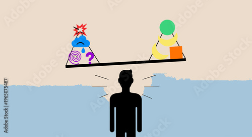 A silhouette of a man observes a seesaw balancing colorful geometric shapes against a split beige and blue background with a sense of balance.