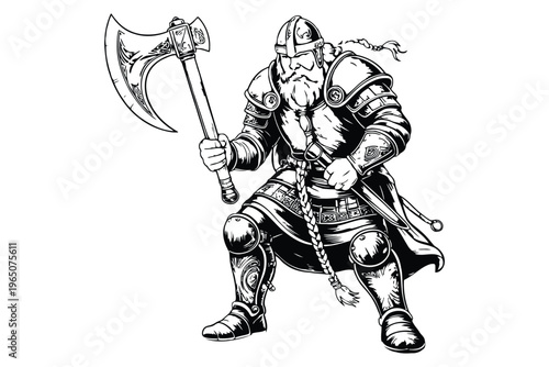Black and white of a viking warrior holding a double- headed axe double-headed axe