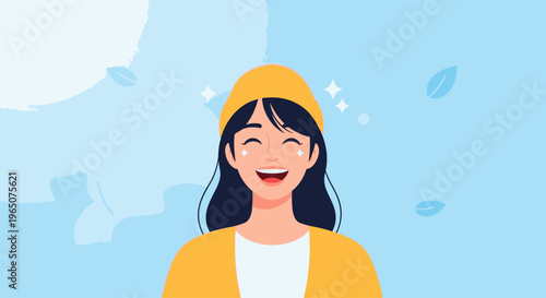 Smiling young woman wearing a yellow hat and cardigan against a light blue background with floating leaves and sparkles.