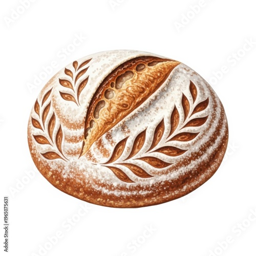 Artisan sourdough bread, round loaf with decorative scoring and dusting of flour, isolated on white