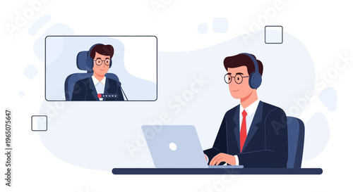 Man with headphones on laptop, video call with colleague in suit