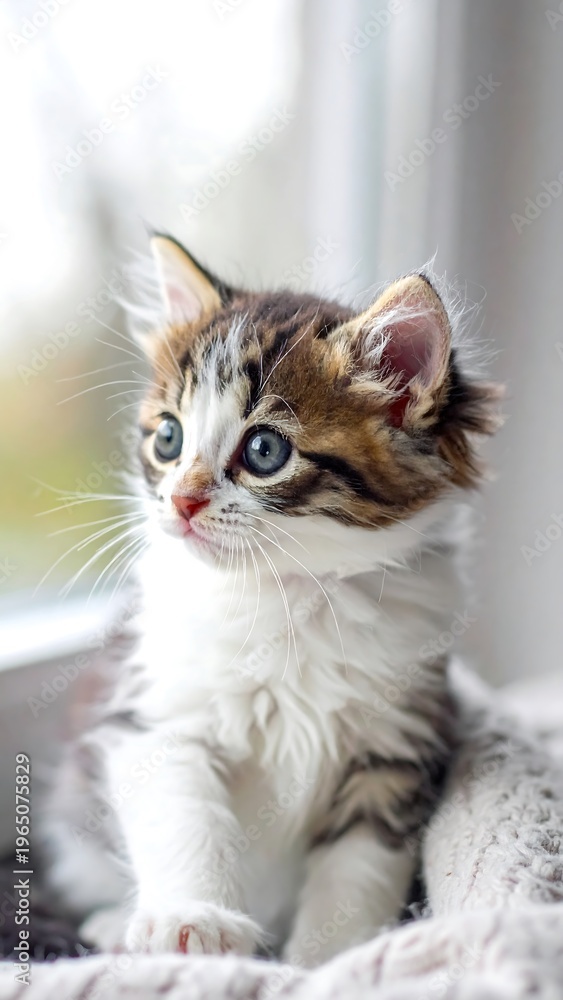 Fototapeta premium Adorable kitten with blue eyes gazing with curiosity