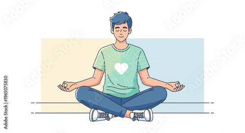 A man sits cross-legged in a meditative pose wearing a green t-shirt with a white heart on a pastel background.