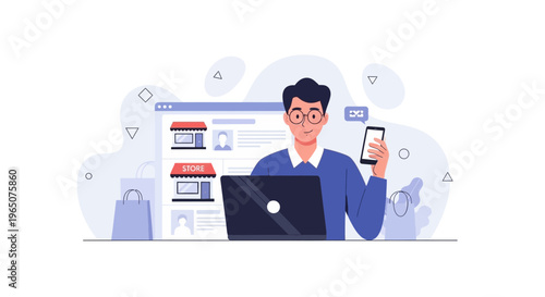 Man working on laptop and phone, online shopping, e-commerce concept