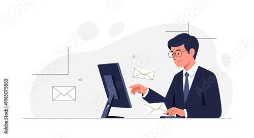 Businessman working on computer, sending emails, modern office illustration