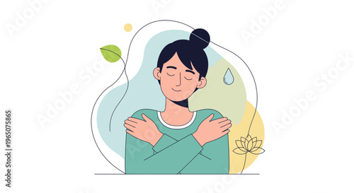 Illustration of a serene woman with her eyes closed and arms wrapped around herself, set against a minimalist background with abstract shapes and leaves in calming colors.