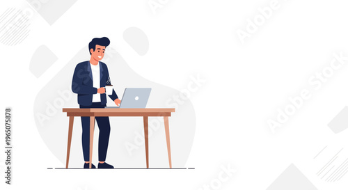Young man working on laptop at desk, holding coffee cup, modern flat illustration