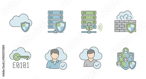 Cloud security icons with shield, server, key, and network protection symbols, representing cybersecurity and data safety