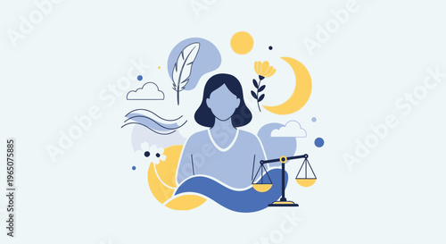 Illustration of a woman surrounded by symbolic objects like scales, moon, and feathers in a dreamy, abstract setting with blue and yellow hues.
