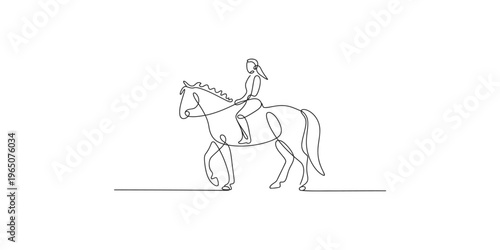 A woman rides a horse in a minimalist continuous line drawing style illustration rider equestrian