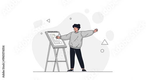 Artist drawing geometric shapes on easel, modern illustration, creative process concept