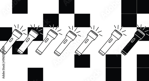 Vector flashlight icon set featuring linear and silhouette torch designs with light beams for camping adventure emergency survival security and night illumination.