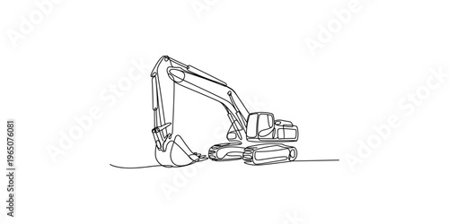 Continuous line drawing of an excavator machine on a white background construction equipment digging heavy