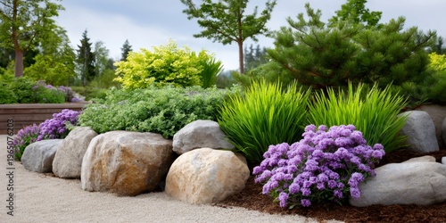 Landscaping with rocks and colorful perennial plants in a garden