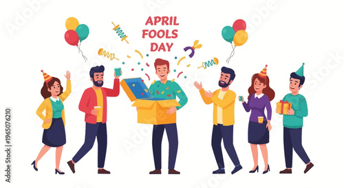 Illustration of people celebrating April Fools' Day with colorful balloons and party hats in a joyful scene.
