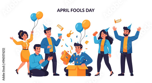 Illustration of people celebrating April Fools' Day with balloons and confetti in a joyful event, spreading harmless hoaxes as a joke in a colorful design on a white background.