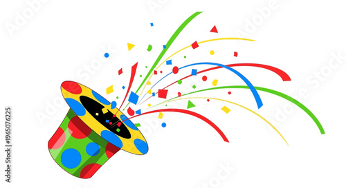 Colorful illustration of a party hat with confetti and ribbons on a white background, symbolizing April Fools' Day and annual tradition of spreading harmless hoaxes as a joke in a playful