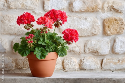 Red geraniums blooming in terracotta pot against stone wall