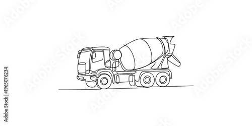 Continuous line drawing of a cement mixer truck on a white background concrete vehicle construction