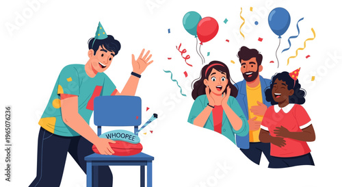 Illustration of people celebrating April Fools' Day with colorful balloons and confetti in a joyful event, spreading harmless hoaxes as a joke in a lively, artistic design.