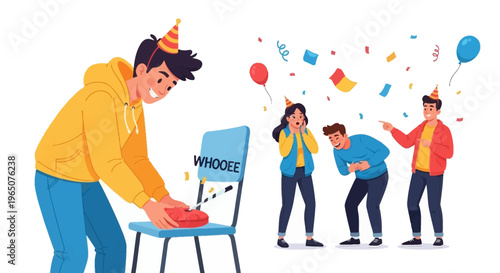 Illustration of a man surprising friends with a prank on April Fools' Day, with confetti and balloons in the background, conveying a playful and humorous mood in a colorful design.