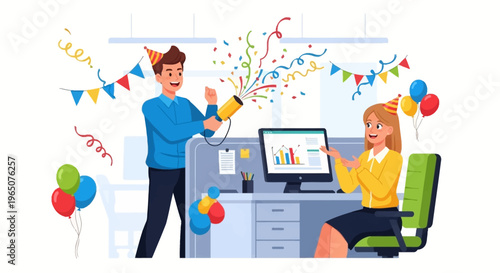 A cheerful office scene depicting a man and woman celebrating April Fools' Day with colorful decorations and a playful atmosphere in a modern business setting.