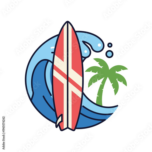 Surfboard and Palm Tree with Ocean Wave Icon