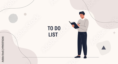 Man reading a to-do list, planning tasks and goals, modern minimalist illustration
