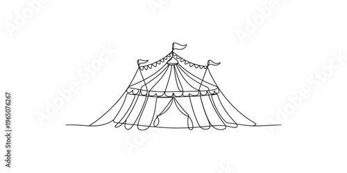 A black line drawing of a classic big top circus tent with flags and white