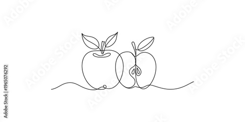 Continuous line drawing of two apples with leaves on a plain white background apple one