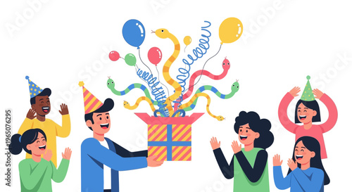 Illustration of people celebrating April Fools' Day with a colorful gift and party decorations on a white background, spreading harmless hoaxes as a joke in a joyful annual tradition.